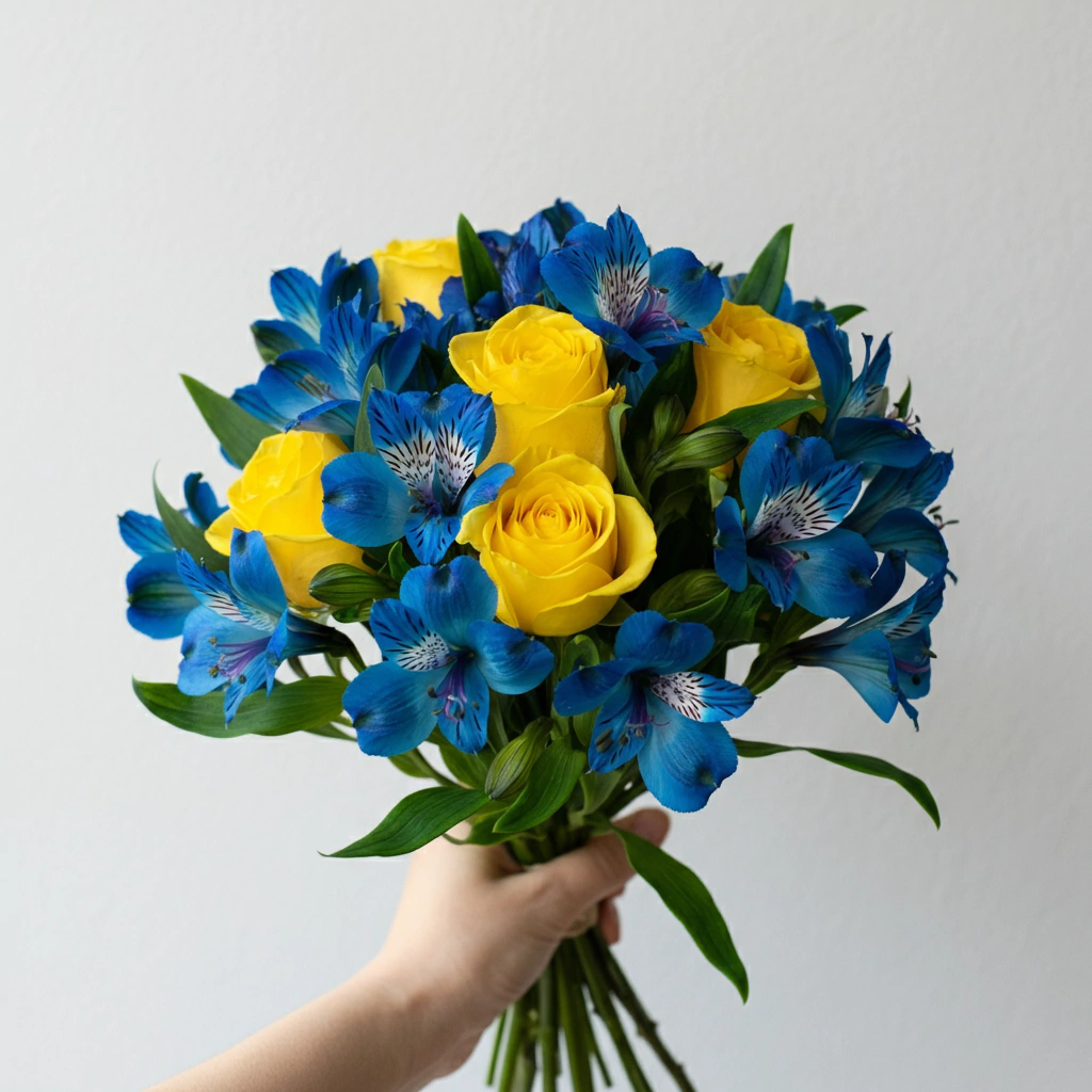Céu e Sol - Buquê de Rosas Azuis e Amarelas (Mix de Flores)