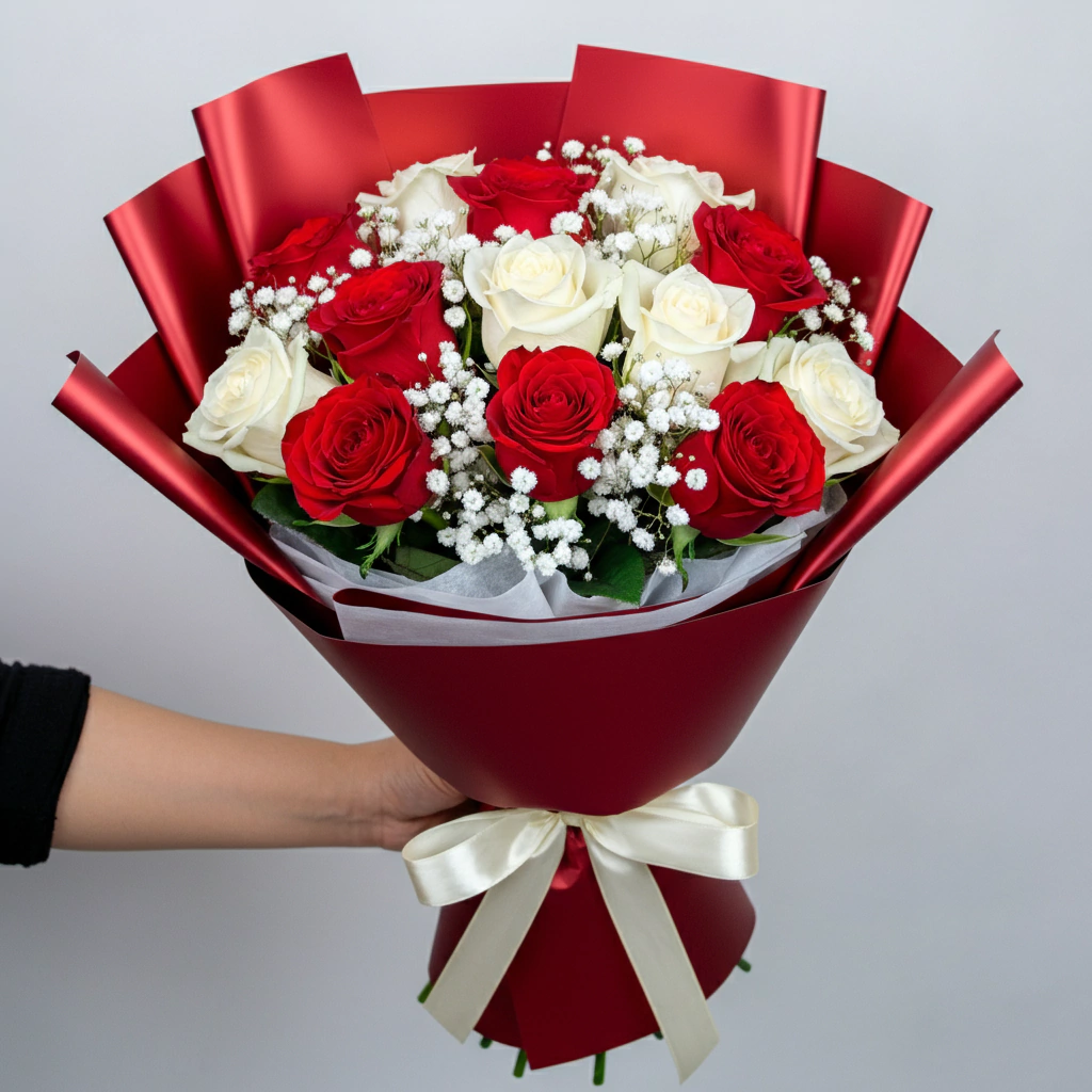 Contraste Perfeito - Buquê de Rosas Vermelhas e Brancas