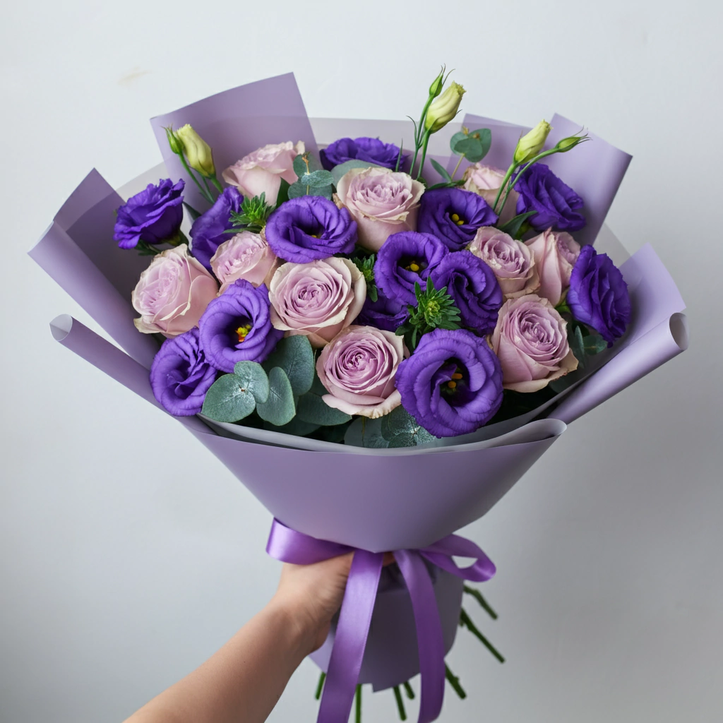 Suavidade Roxa - Buquê de Lisianthus Roxos e Rosas